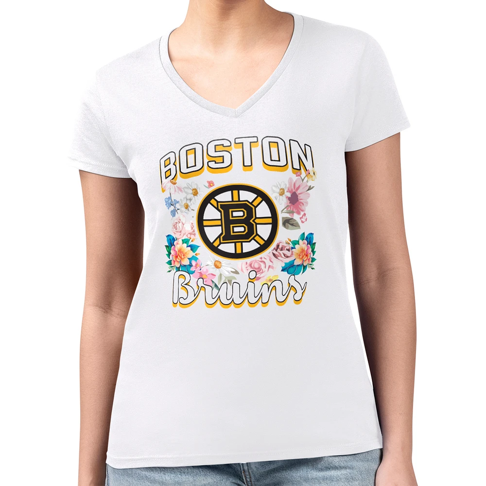 Women's G-III 4Her by Carl Banks White Boston Bruins Super-Slim Fit Lightweight Flower Logo V-Neck T-Shirt