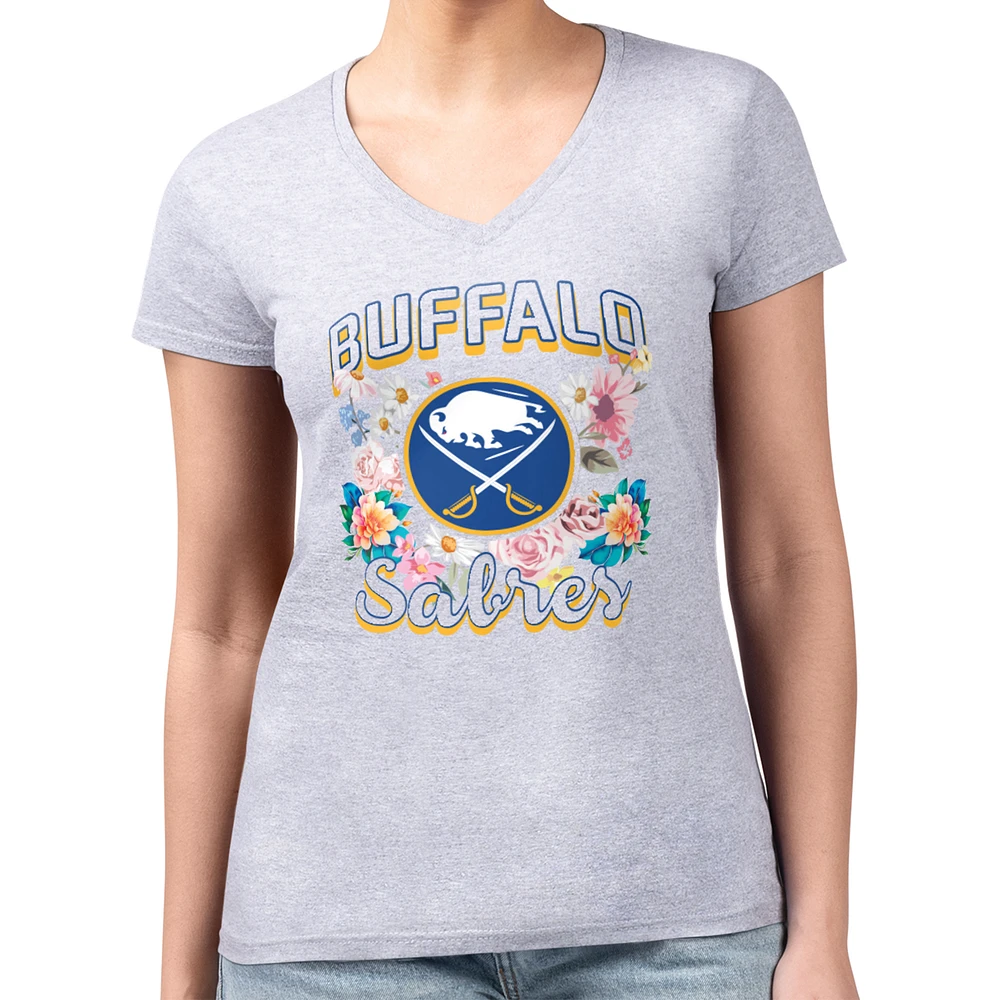 Women's G-III 4Her by Carl Banks Heather Gray Buffalo Sabres Super-Slim Fit Lightweight Flower Logo V-Neck T-Shirt