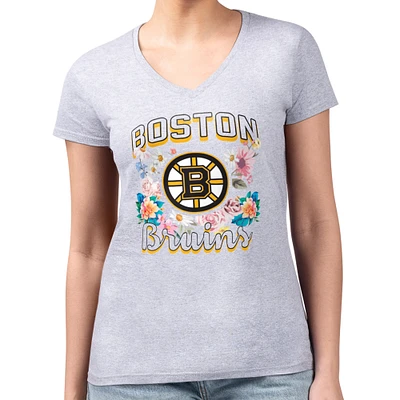 Women's G-III 4Her by Carl Banks Heather Gray Boston Bruins Super-Slim Fit Lightweight Flower Logo V-Neck T-Shirt