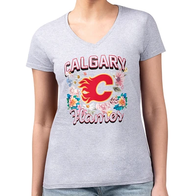 Women's G-III 4Her by Carl Banks Heather Gray Calgary Flames Super-Slim Fit Lightweight Flower Logo V-Neck T-Shirt