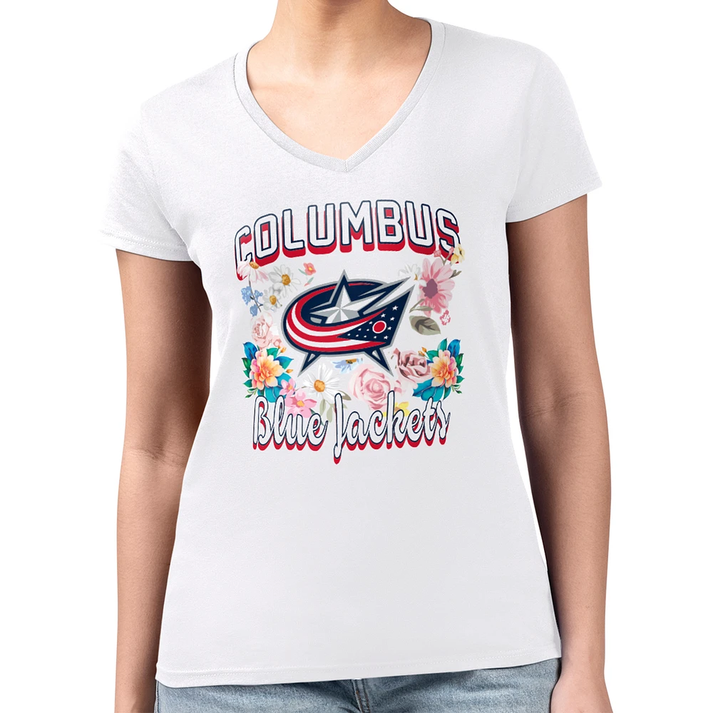 Women's G-III 4Her by Carl Banks White Columbus Blue Jackets Super-Slim Fit Lightweight Flower Logo V-Neck T-Shirt