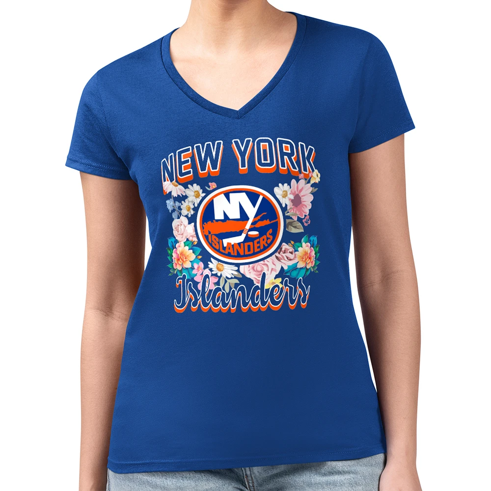 Women's G-III 4Her by Carl Banks Royal New York Islanders Super-Slim Fit Lightweight Flower Logo V-Neck T-Shirt