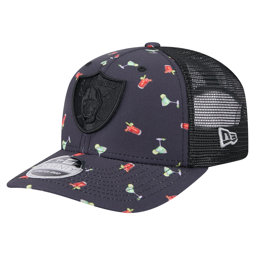 Men's New Era Navy/Black Las Vegas Raiders Adventure Drinks Pattern 9SEVENTY Stretch-Snap Hat
