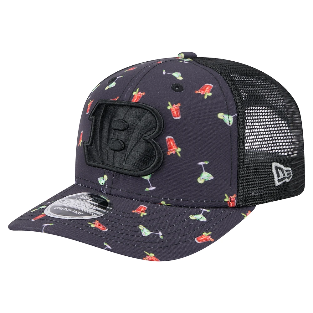 Men's New Era Navy/Black Cincinnati Bengals Adventure Drinks Pattern 9SEVENTY Stretch-Snap Hat