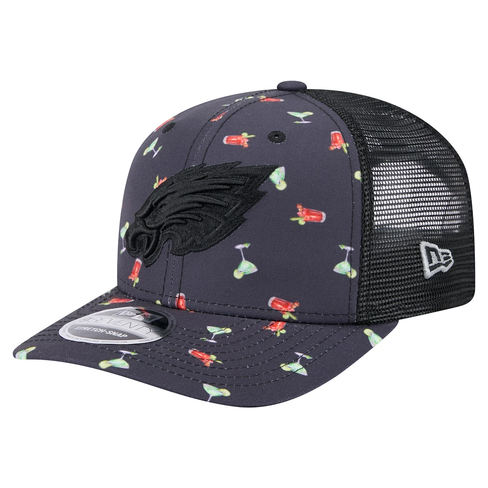 Men's New Era Navy/Black Philadelphia Eagles Adventure Drinks Pattern 9SEVENTY Stretch-Snap Hat