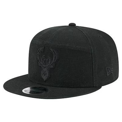Men's New Era Black Milwaukee Bucks Adventure Canvas Split Panel 9FIFTY Snapback Hat