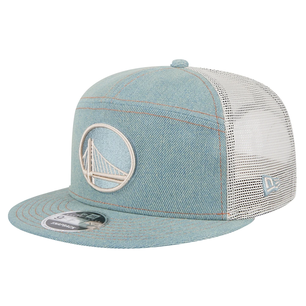 Men's New Era Golden State Warriors Adventure Denim Split Panel 9FIFTY Snapback Trucker Hat