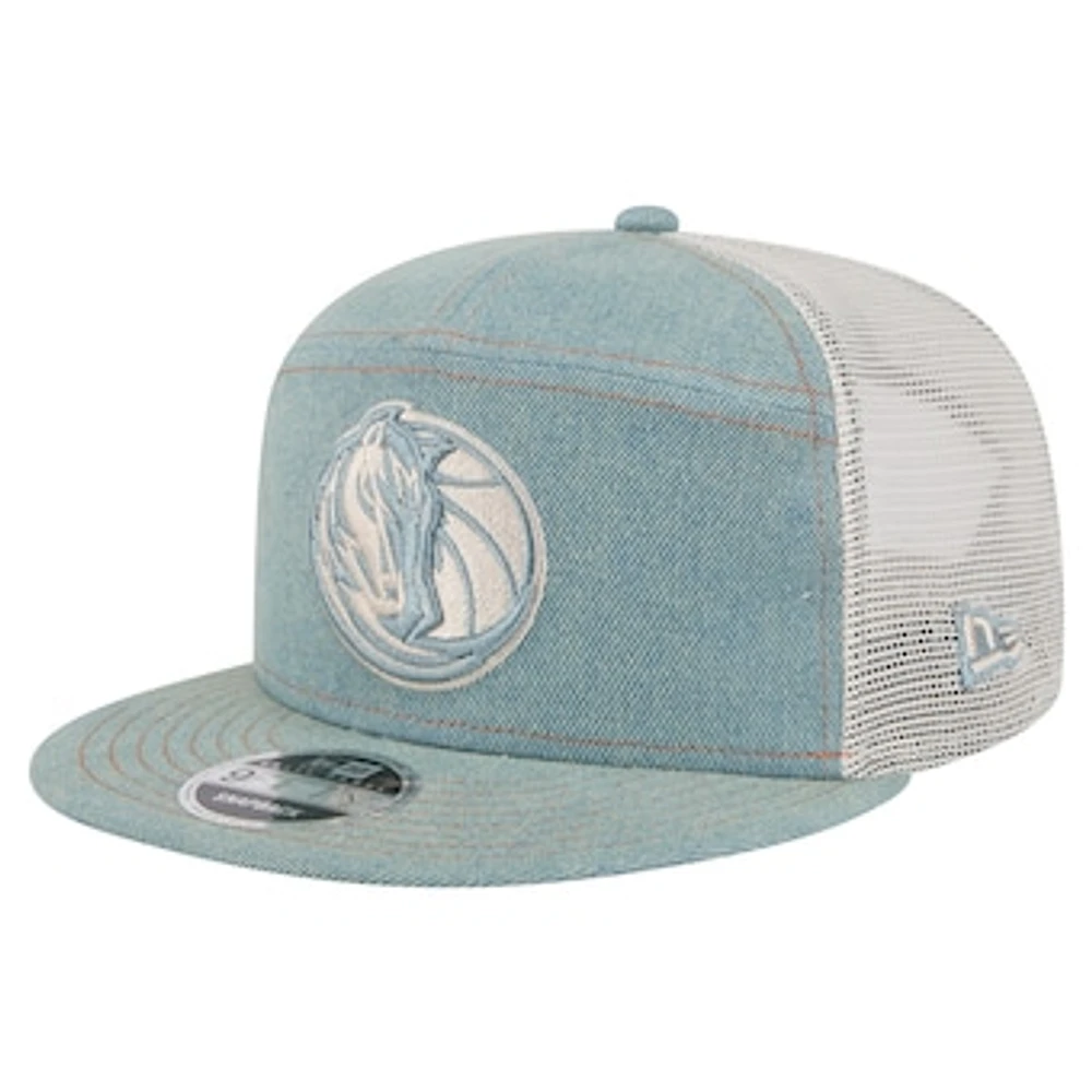 Men's New Era Dallas Mavericks Adventure Denim Split Panel 9FIFTY Snapback Trucker Hat