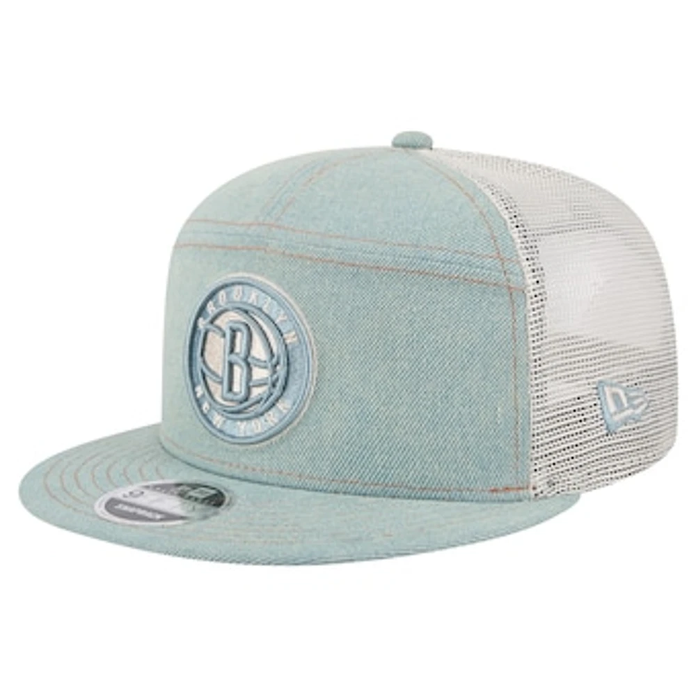 Men's New Era Brooklyn Nets Adventure Denim Split Panel 9FIFTY Snapback Trucker Hat
