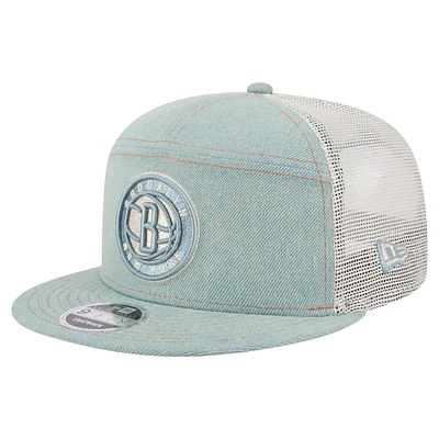 Men's New Era Brooklyn Nets Adventure Denim Split Panel 9FIFTY Snapback Trucker Hat
