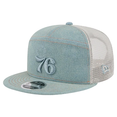 Men's New Era Philadelphia 76ers Adventure Denim Split Panel 9FIFTY Snapback Trucker Hat