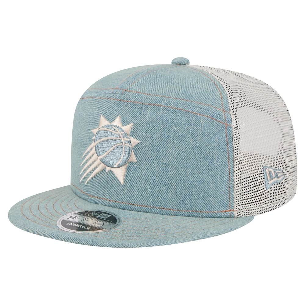 Men's New Era Phoenix Suns Adventure Denim Split Panel 9FIFTY Snapback Trucker Hat