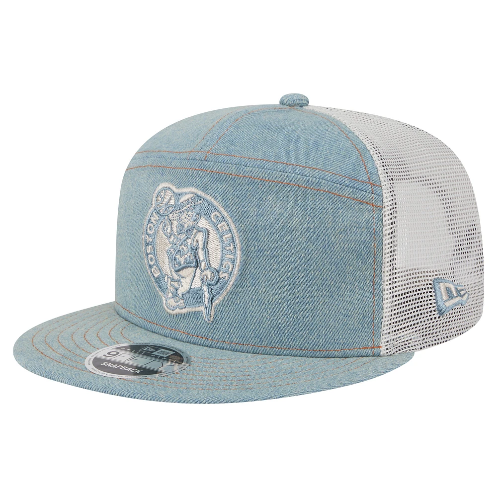 Men's New Era Boston Celtics Adventure Denim Split Panel 9FIFTY Snapback Trucker Hat