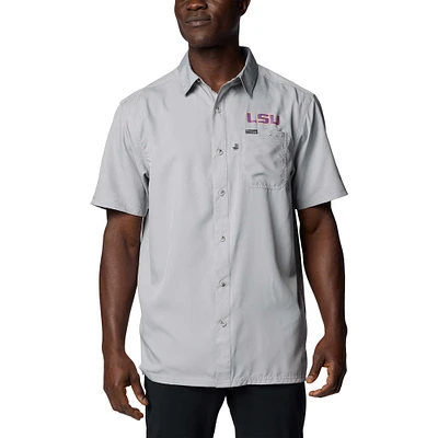 Men's Columbia Gray LSU Tigers PFG Slack Tide™ Omni-Shade™ Button-Up Camp Shirt