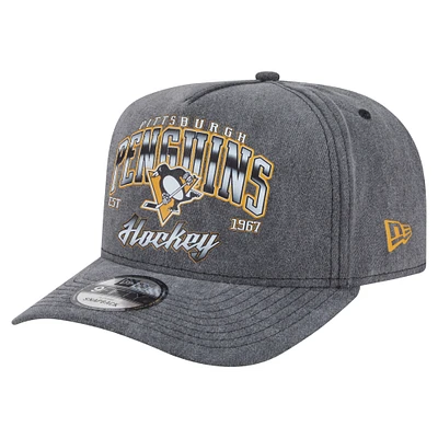 Men's New Era Charcoal Pittsburgh Penguins Throwback Washed A-Frame Pre-Curved 9FIFTY Snapback Hat