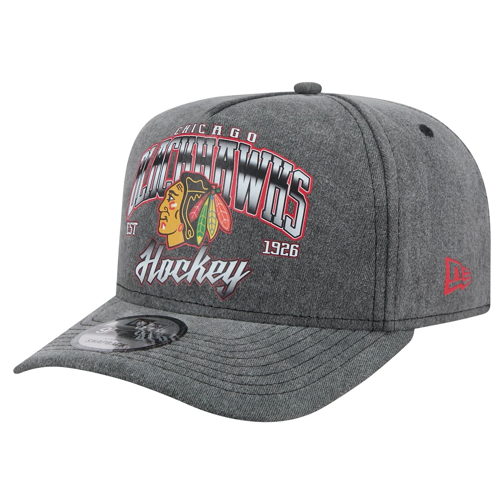 Men's New Era Charcoal Chicago Blackhawks Throwback Washed A-Frame Pre-Curved 9FIFTY Snapback Hat