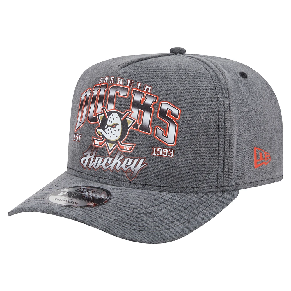 Men's New Era Charcoal Anaheim Ducks Throwback Washed A-Frame Pre-Curved 9FIFTY Snapback Hat