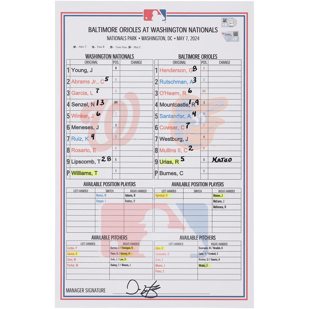 Washington Nationals Game-Used Lineup Card vs. Baltimore Orioles on May 7, 2024