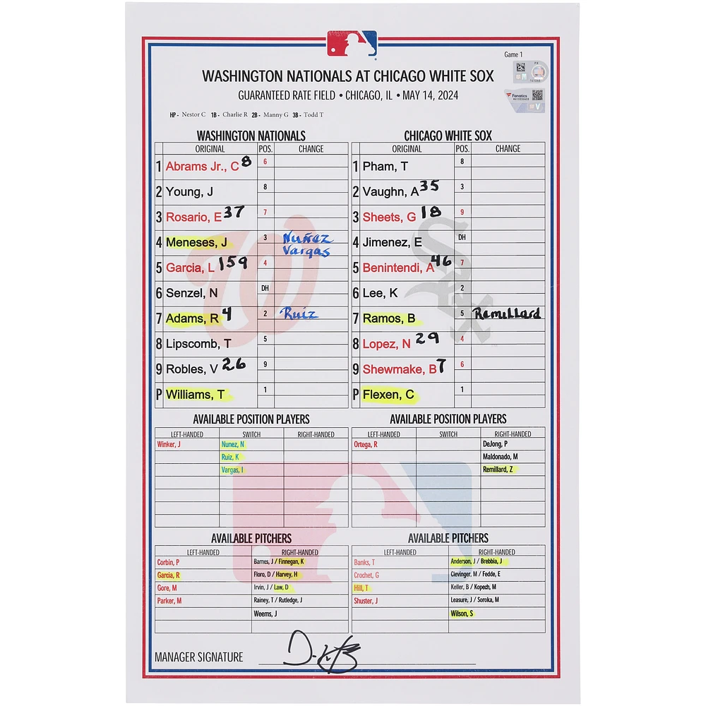 Washington Nationals Game-Used Lineup Card vs. Chicago White Sox on May 14, 2024 - Game One of Doubleheader