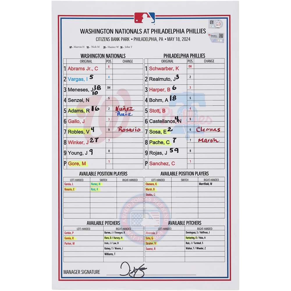 Washington Nationals Game-Used Lineup Card vs. Philadelphia Phillies on May 18, 2024