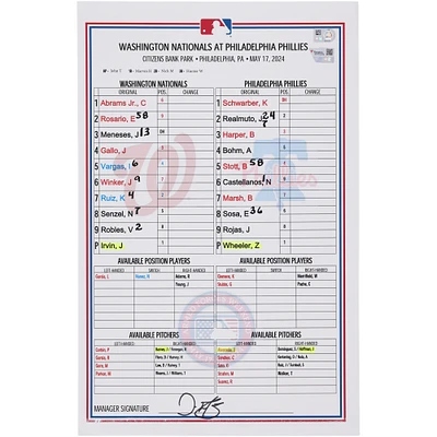 Washington Nationals Game-Used Lineup Card vs. Philadelphia Phillies on May 17, 2024