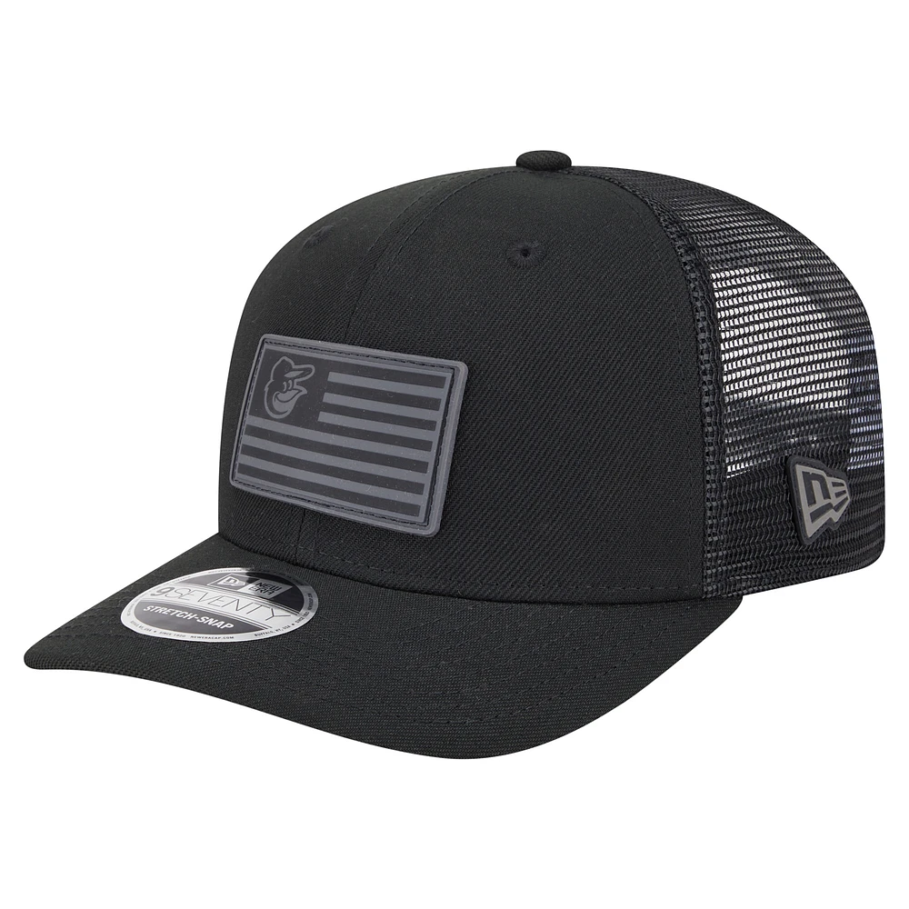 Men's New Era Black Baltimore Orioles Tonal Flag 9SEVENTY Stretch-Snap Adjustable Hat