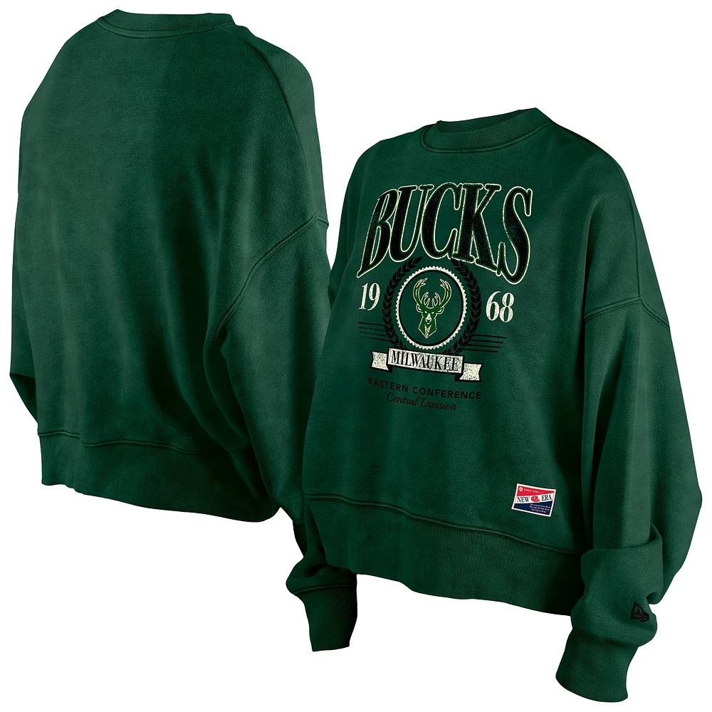 Women's New Era Hunter Green Milwaukee Bucks Throwback Vintage Enzyme Wash Oversized Boxy Pullover Sweatshirt