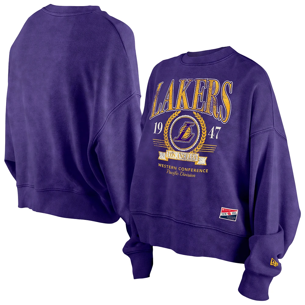 Women's New Era Purple Los Angeles Lakers Throwback Vintage Enzyme Wash Oversized Boxy Pullover Sweatshirt