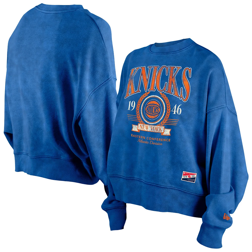 Women's New Era Blue York Knicks Throwback Vintage Enzyme Wash Oversized Boxy Pullover Sweatshirt