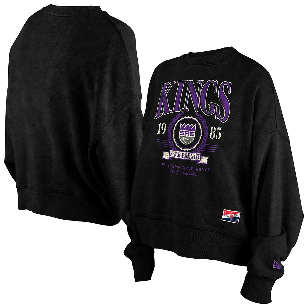 Women's New Era Black Sacramento Kings Throwback Vintage Enzyme Wash Oversized Boxy Pullover Sweatshirt