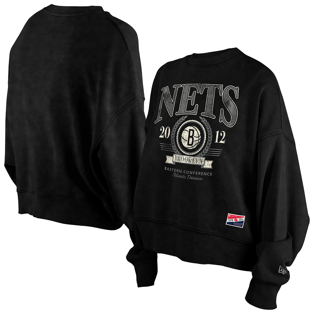 Women's New Era Black Brooklyn Nets Throwback Vintage Enzyme Wash Oversized Boxy Pullover Sweatshirt