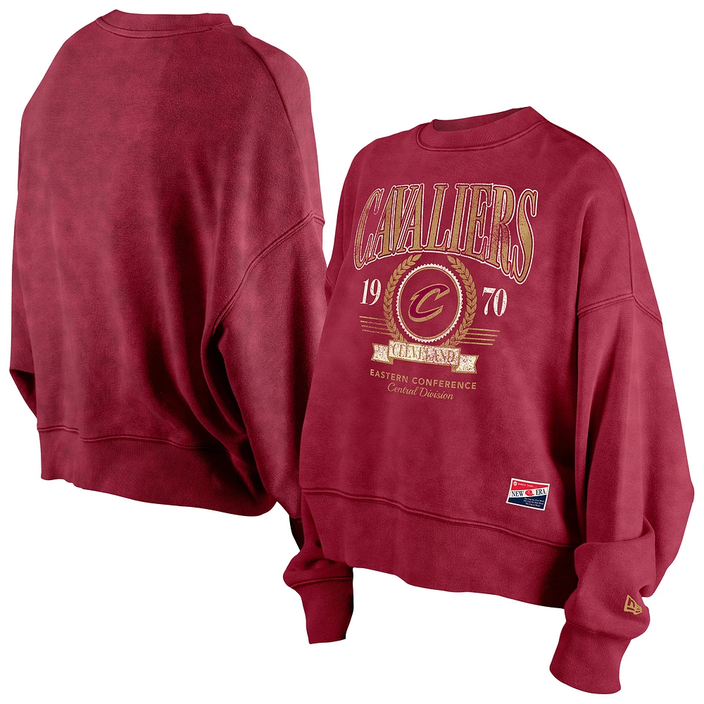 Women's New Era Wine Cleveland Cavaliers Throwback Vintage Enzyme Wash Oversized Boxy Pullover Sweatshirt
