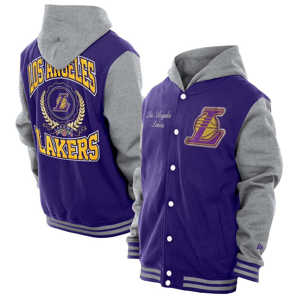 Men's New Era Purple Los Angeles Lakers Throwback Prep Chenille Full-Snap Hooded Varsity Jacket