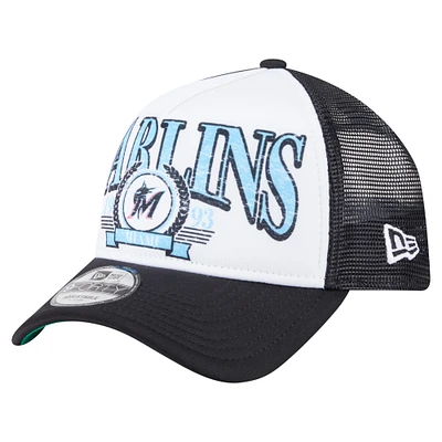 Men's New Era Black Miami Marlins Distressed 9FORTY A-Frame Adjustable Trucker Hat