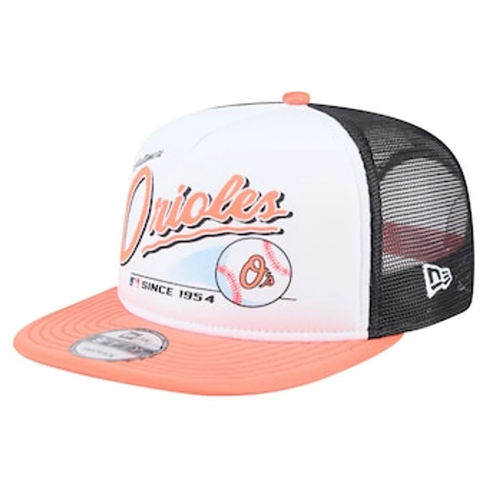 Men's New Era White/Orange Baltimore Orioles Retro Script Trucker 9FIFTY Snapback Hat