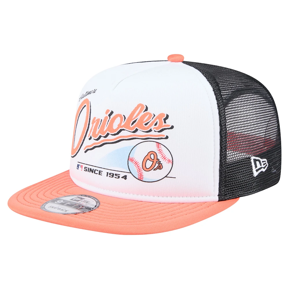 Men's New Era White/Orange Baltimore Orioles Retro Script Trucker 9FIFTY Snapback Hat