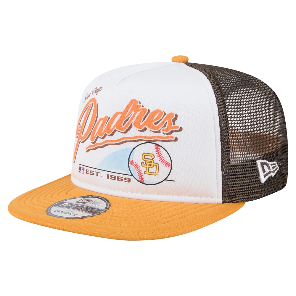 Men's New Era White/Gold San Diego Padres Retro Script Trucker 9FIFTY Snapback Hat