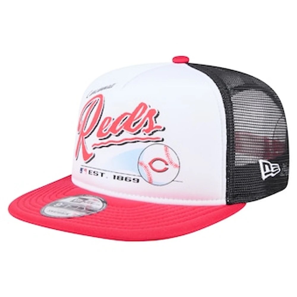 Men's New Era White/Red Cincinnati Reds Retro Script Trucker 9FIFTY Snapback Hat