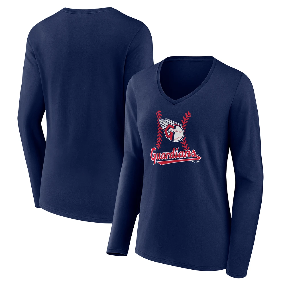Women's Navy Cleveland Guardians Fastball Long Sleeve V-Neck T-Shirt