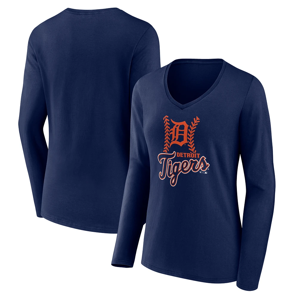 Women's Navy Detroit Tigers Fastball Long Sleeve V-Neck T-Shirt