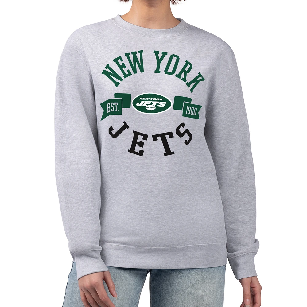 Women's G-III 4Her by Carl Banks Heather Gray New York Jets Large Round Team Graphic Fleece Pullover Sweatshirt