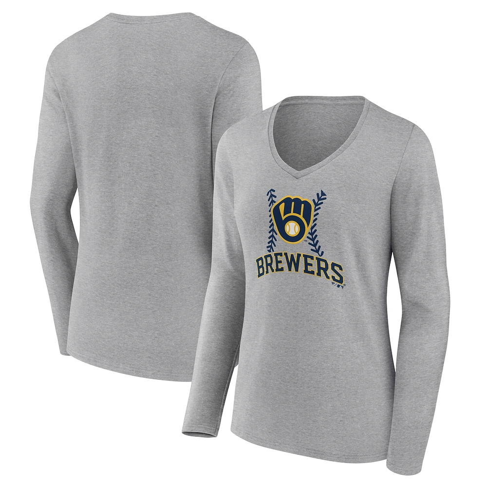 Women's Gray Milwaukee Brewers Fastball Long Sleeve V-Neck T-Shirt