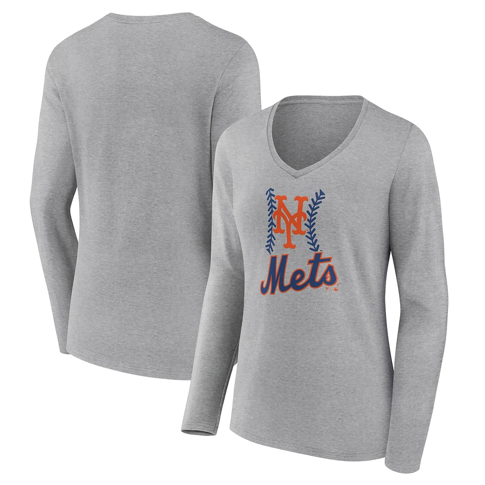 Women's Gray New York Mets Fastball Long Sleeve V-Neck T-Shirt
