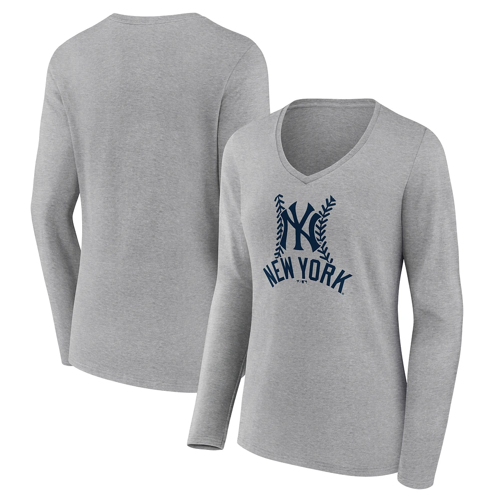 Women's Gray New York Yankees Fastball Long Sleeve V-Neck T-Shirt