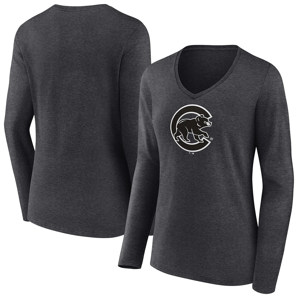 Women's Charcoal Chicago Cubs Monochrome Long Sleeve V-Neck T-Shirt