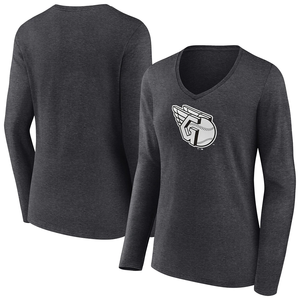Women's Charcoal Cleveland Guardians Monochrome Long Sleeve V-Neck T-Shirt