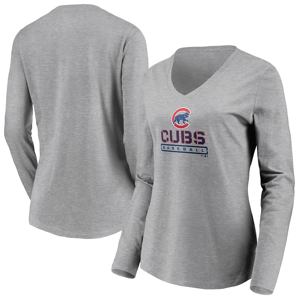Women's Gray Chicago Cubs Evanston Stencil Long Sleeve V-Neck T-Shirt