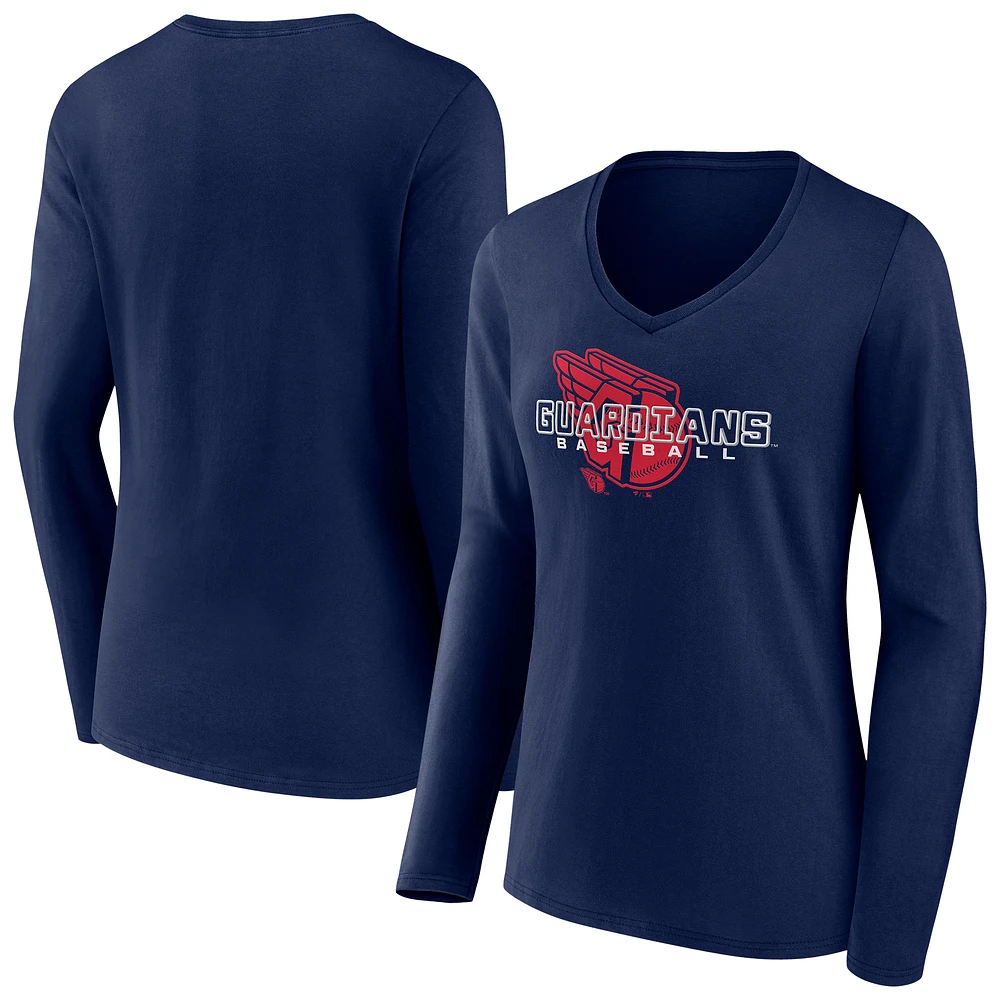 Women's Navy Cleveland Guardians Stellar Long Sleeve V-Neck T-Shirt