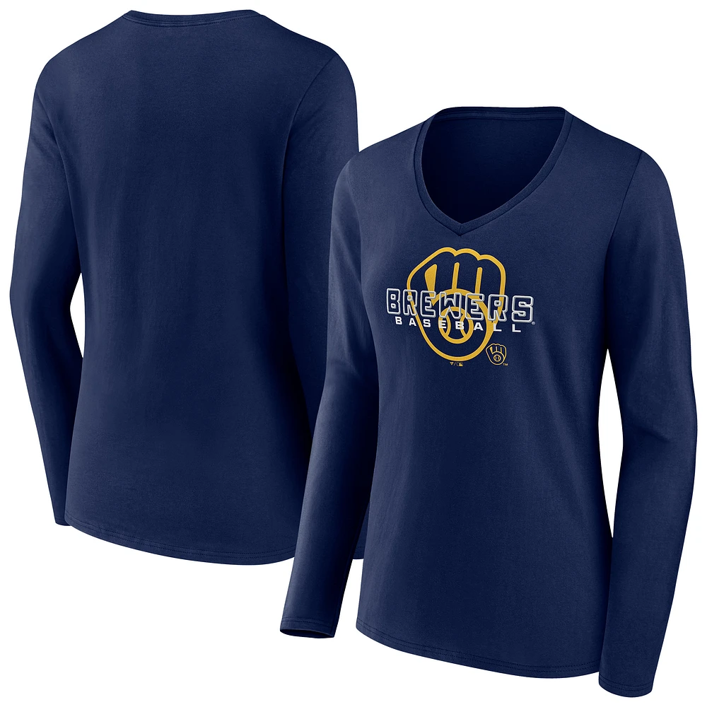 Women's Navy Milwaukee Brewers Stellar Long Sleeve V-Neck T-Shirt