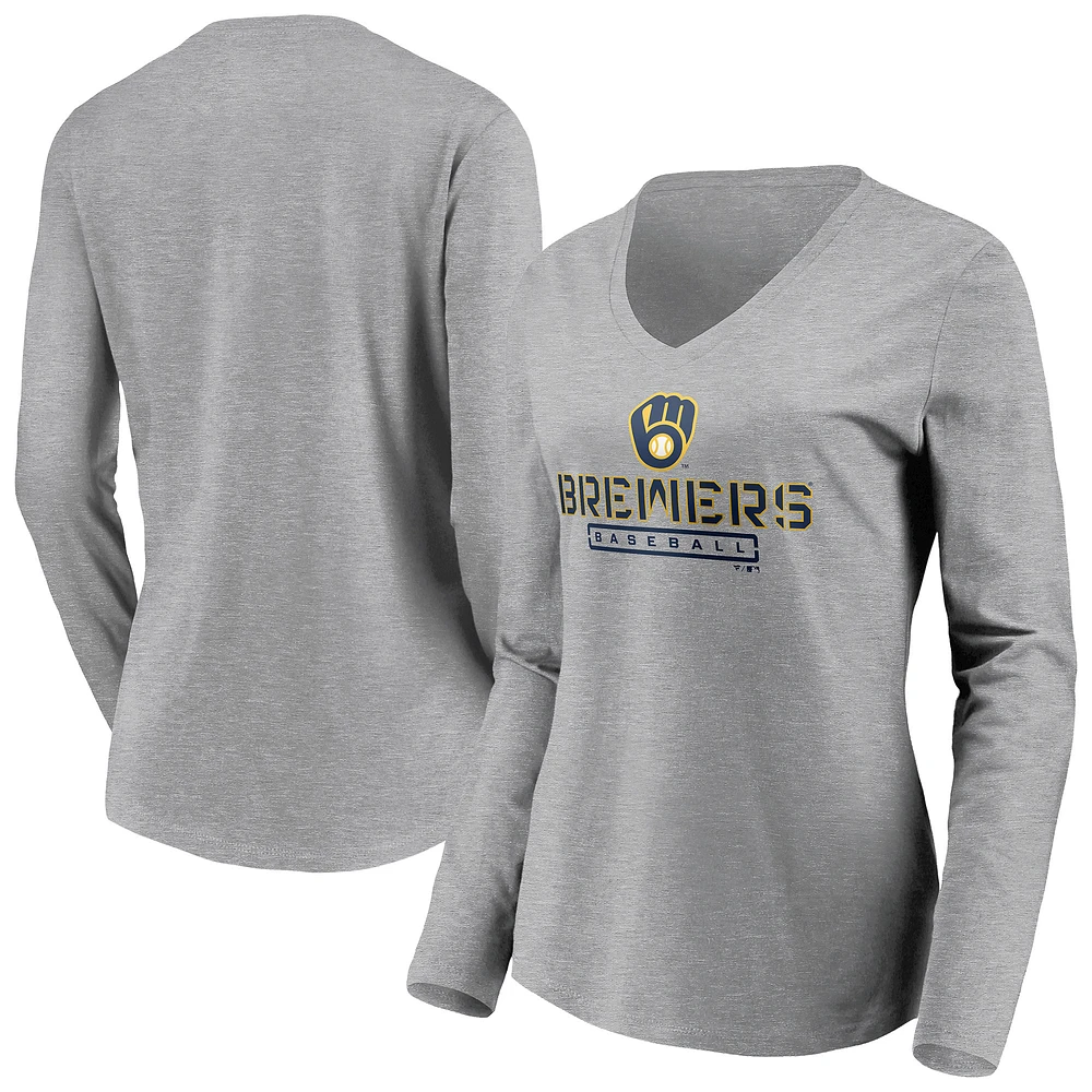 Women's Gray Milwaukee Brewers Evanston Stencil Long Sleeve V-Neck T-Shirt